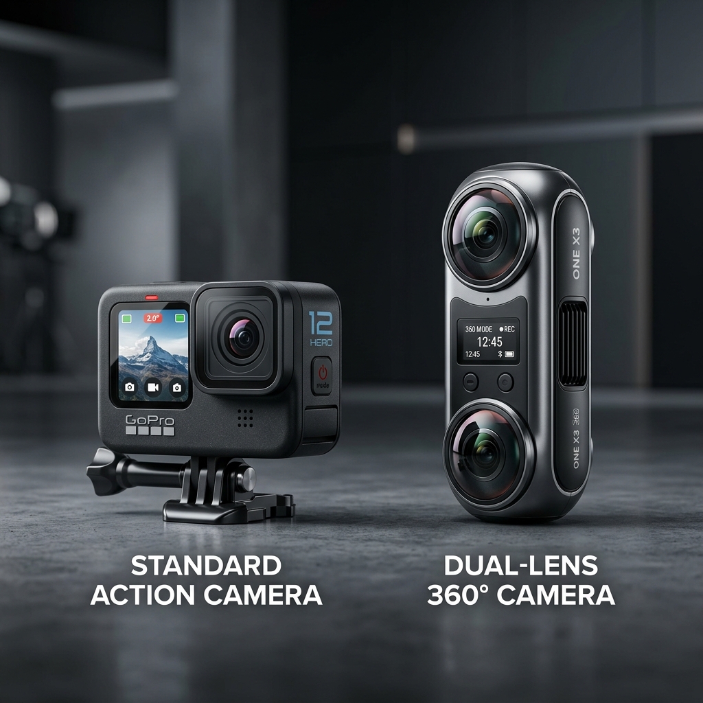 Comparison of a standard action camera and a 360 degree camera, showing their different lens configurations and form factors.