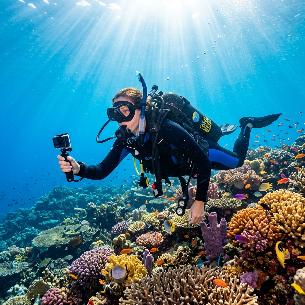A scuba diver using an action camera to film a vibrant coral reef, showing its underwater clarity.