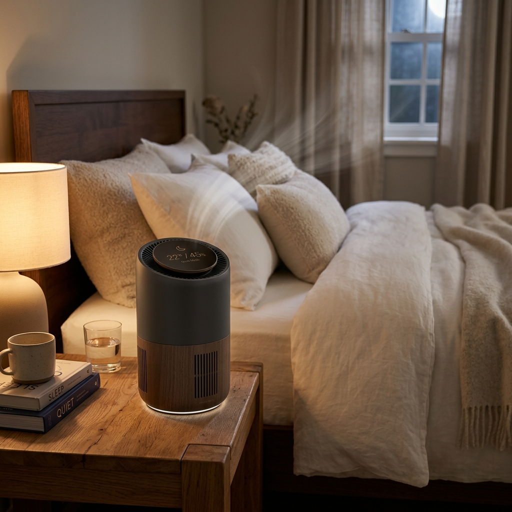 HEPA filter air purifier operating silently on a bedside table in a cozy modern bedroom.