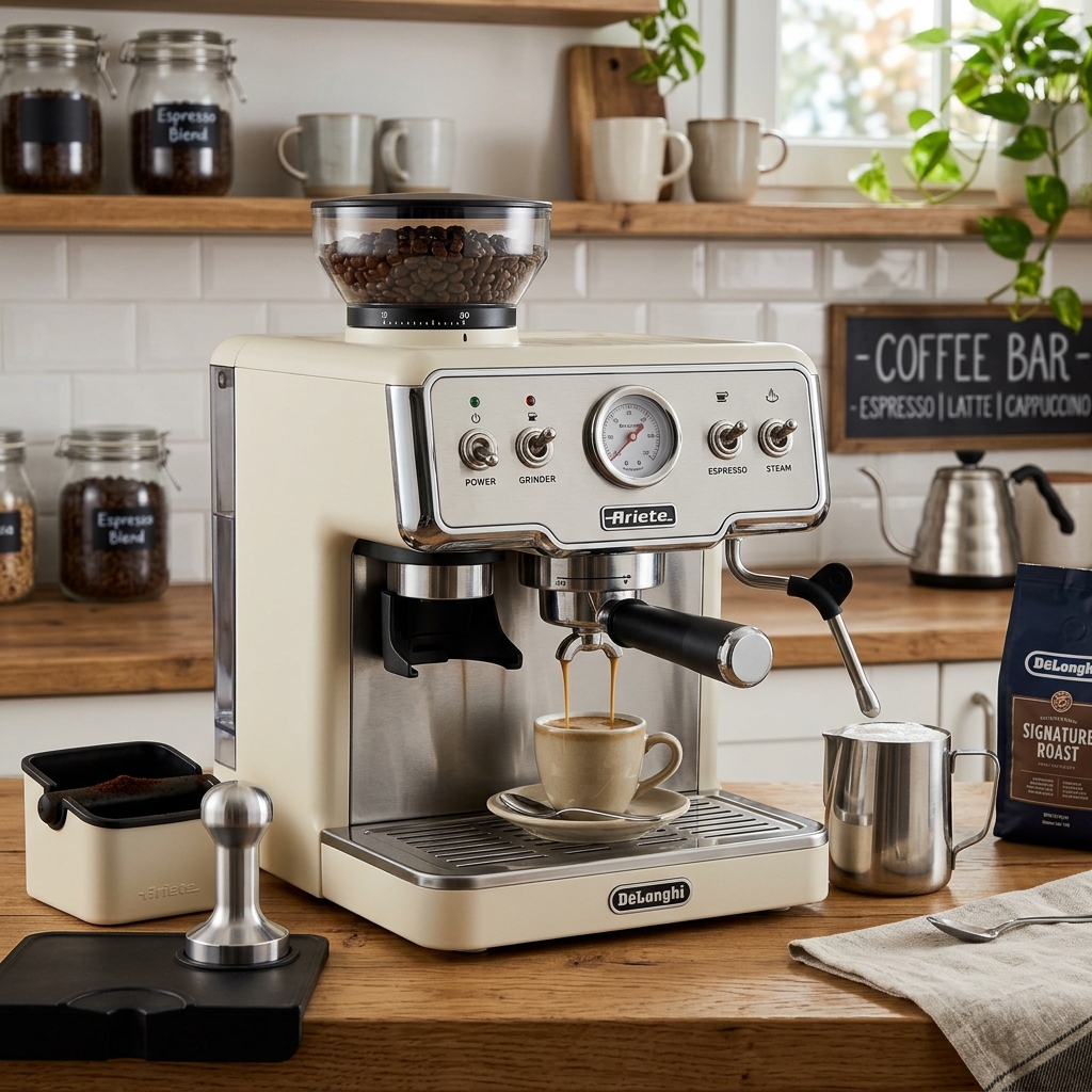 Ariete 1312 Semi Automatic coffee Machine by Delonghi, Barista Style Espresso Coffee Machine with Built-in Grinder, Intuitive Touch Control, Espresso, Cappuccino, Latte & More, 2Years Warranty