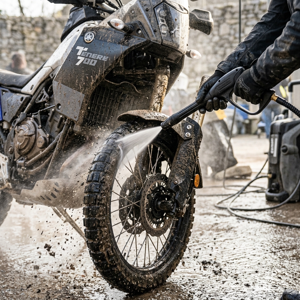 High pressure washer cleaning thick mud and dirt off car tire wheels.