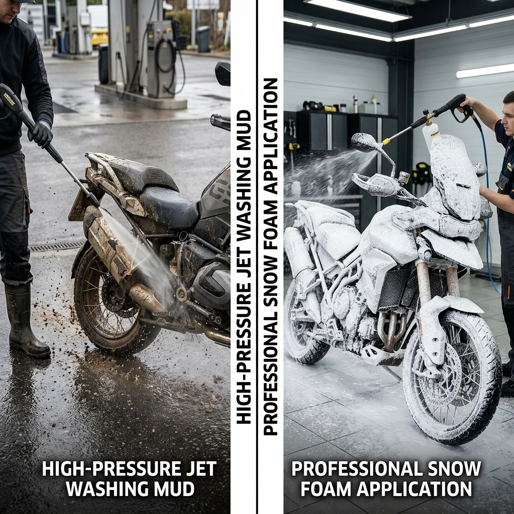 Comparison of high pressure spray nozzle and foam cannon snow lance.