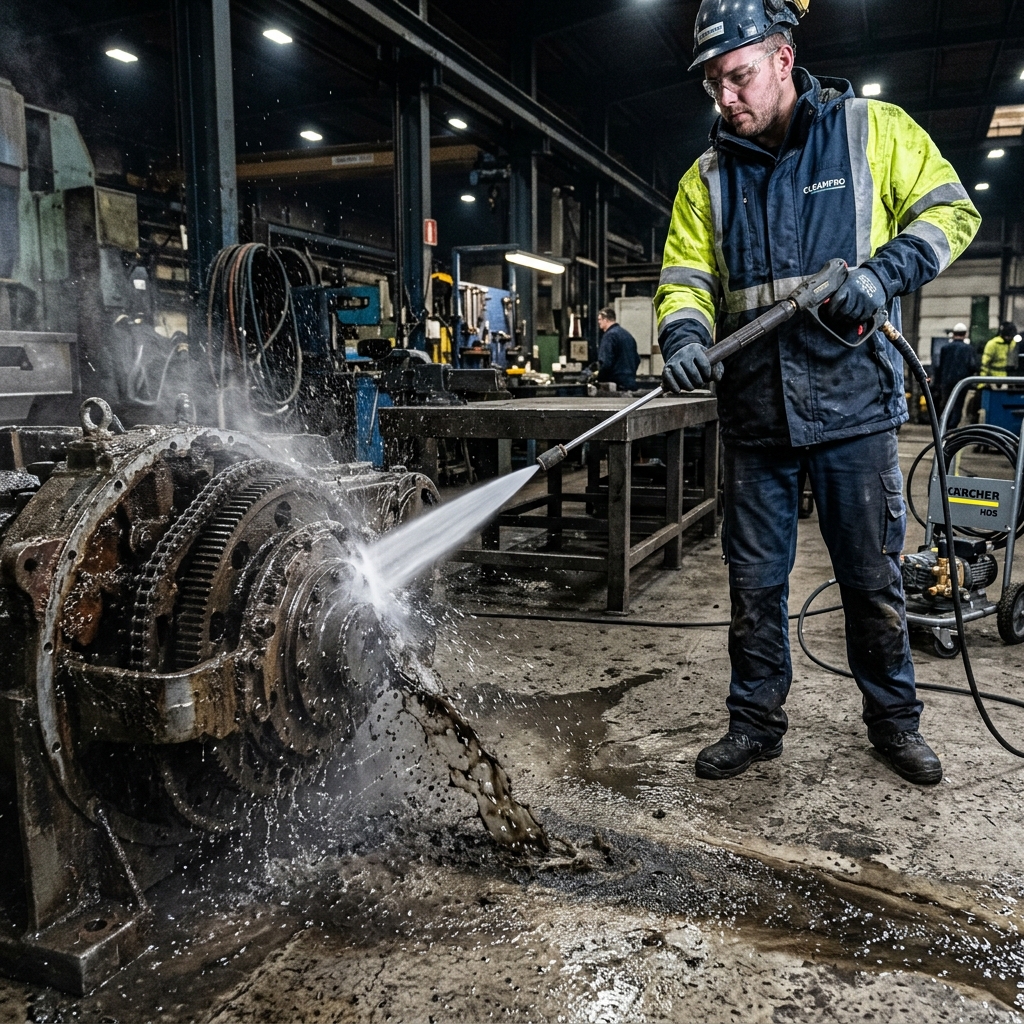 High pressure commercial washer blasting thick grime off workshop equipment.