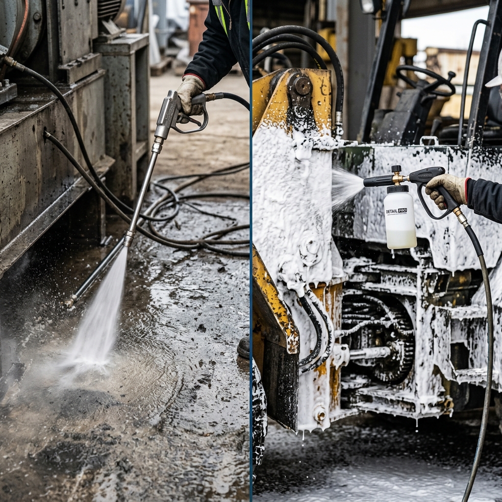Comparison of commercial high pressure cleaning nozzle vs professional foam lance.