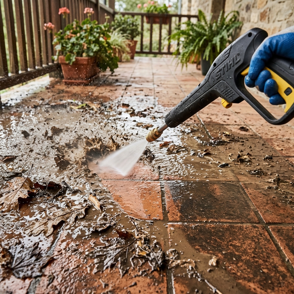 High pressure washer cleaning thick mud and dirt off outdoor patio floor tiles.