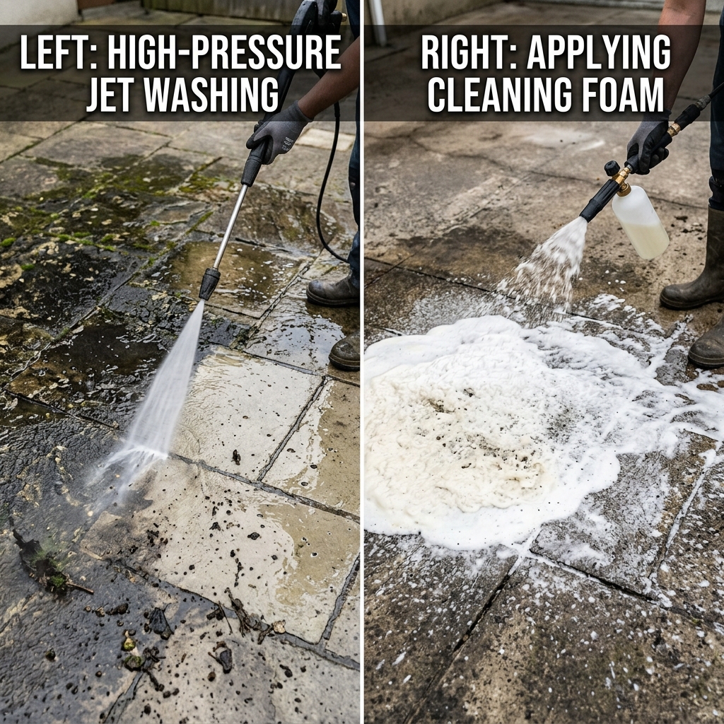 Comparison of high pressure floor cleaning nozzle vs detergent applicator.