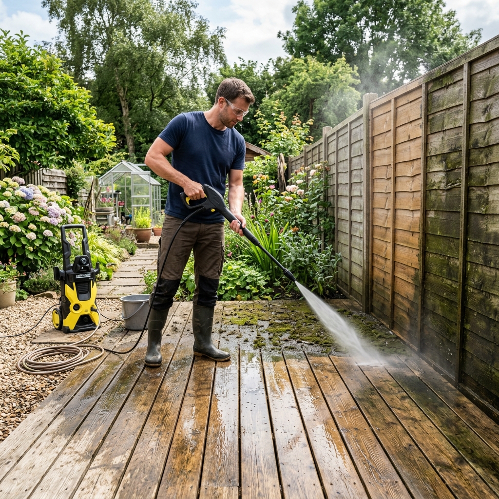 High pressure garden washer machine cleaning moss and mud off garden decks.