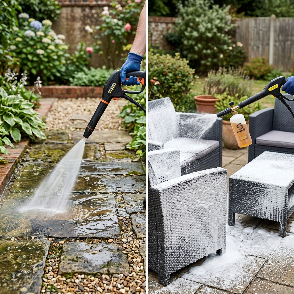 Comparison of garden pressure washer spray nozzle and foam cannon snow lance.