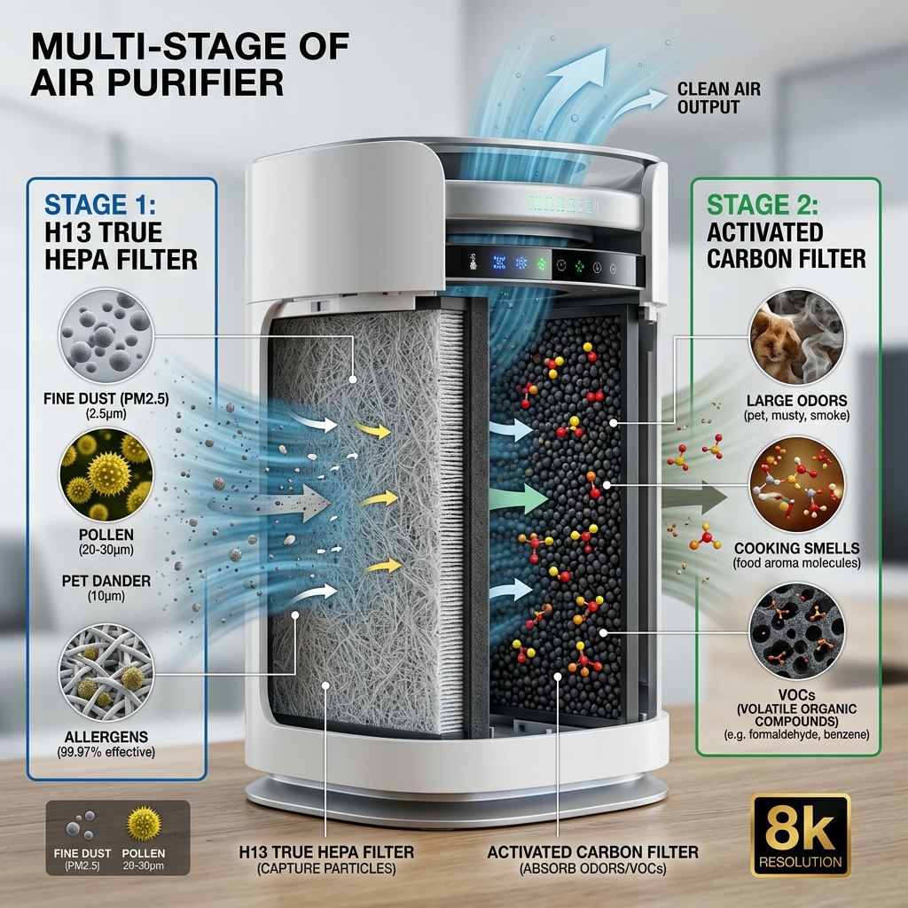 Multi-layer air purifier filter diagram showing H13 HEPA mesh capturing fine PM 2.5 and allergen particles.