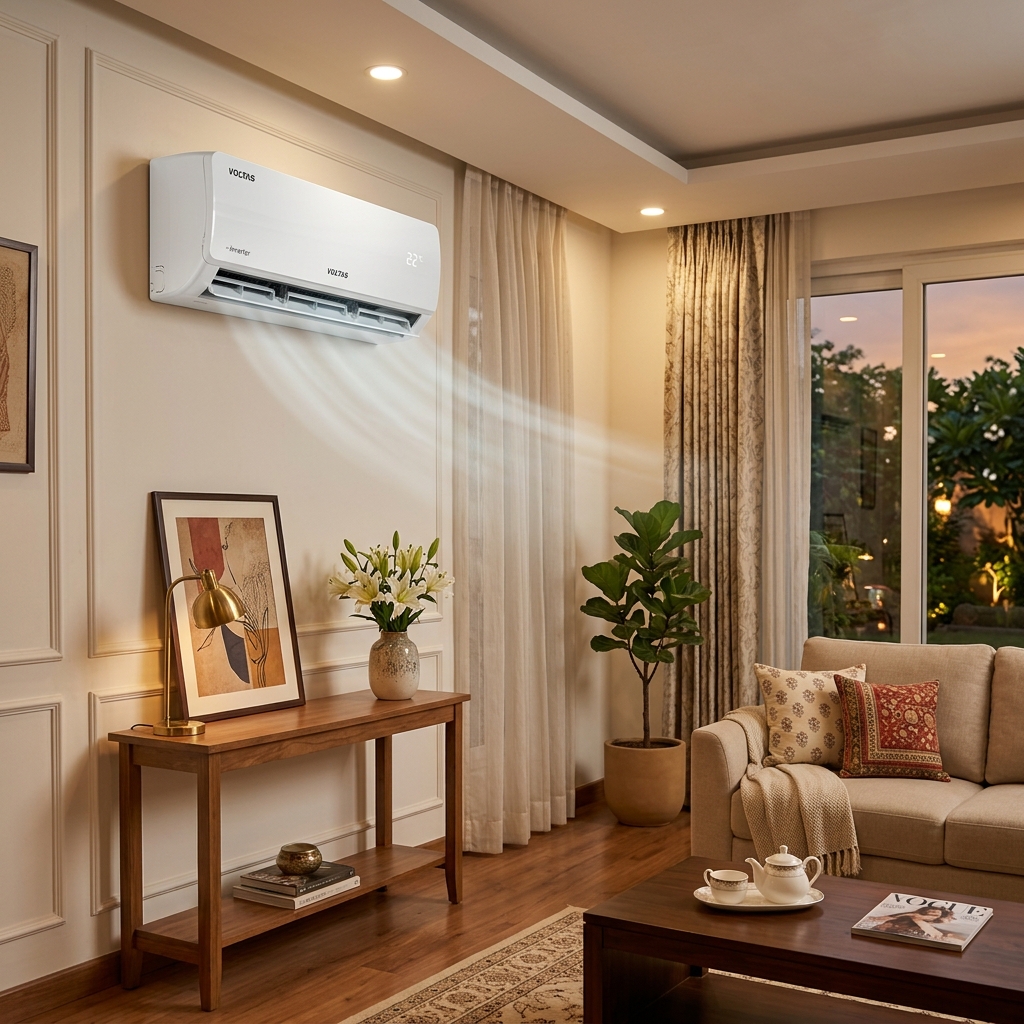 Premium split air conditioner mounted on a modern living room wall representing energy-efficient cooling recommended by GrabDeel.