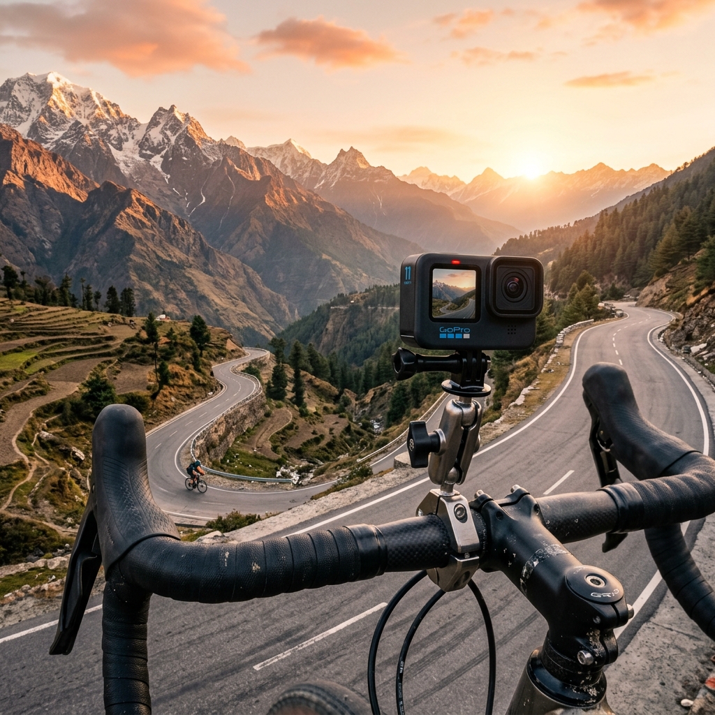 Premium action camera capturing a scenic mountain road in the Himalayas, showing its advanced stabilization and resolution.