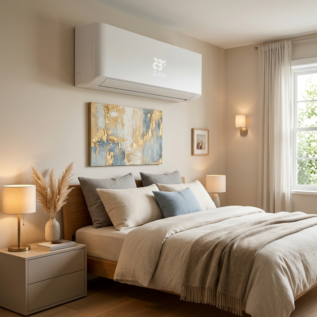 Premium split air conditioner mounted on a modern living room wall representing energy-efficient cooling recommended by GrabDeel.