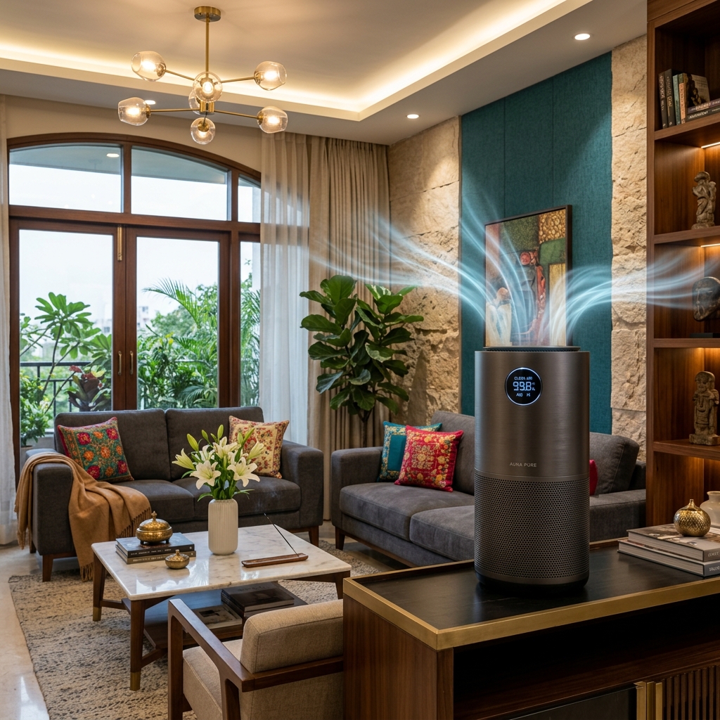 Premium air purifier in a modern living room representing the best purification technology under 50,000 INR recommended by GrabDeel.