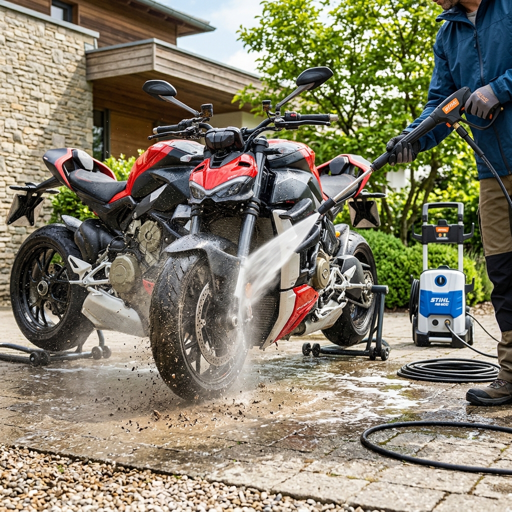 Premium high pressure bike washer machine cleaning a bike on a home driveway.