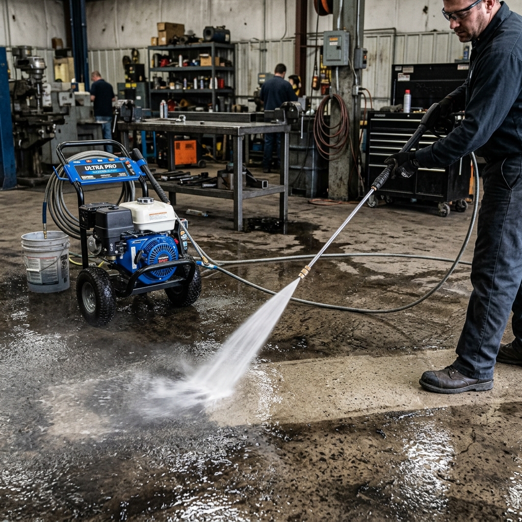 Premium high pressure commercial washer machine cleaning a large workshop floor.