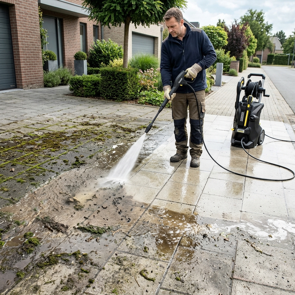 Premium high pressure floor washer machine cleaning a tiled home driveway.