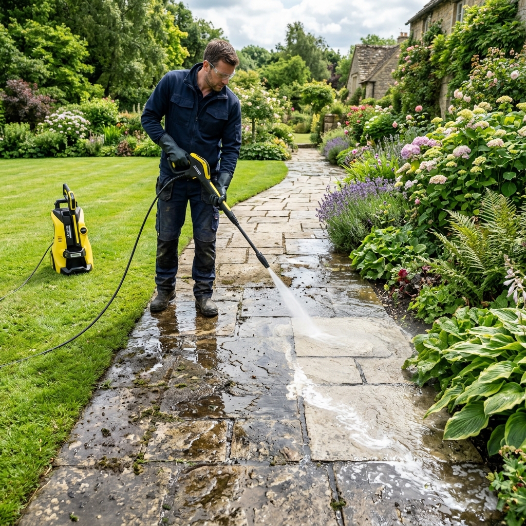 Premium high pressure garden washer machine cleaning a stone garden pathway.