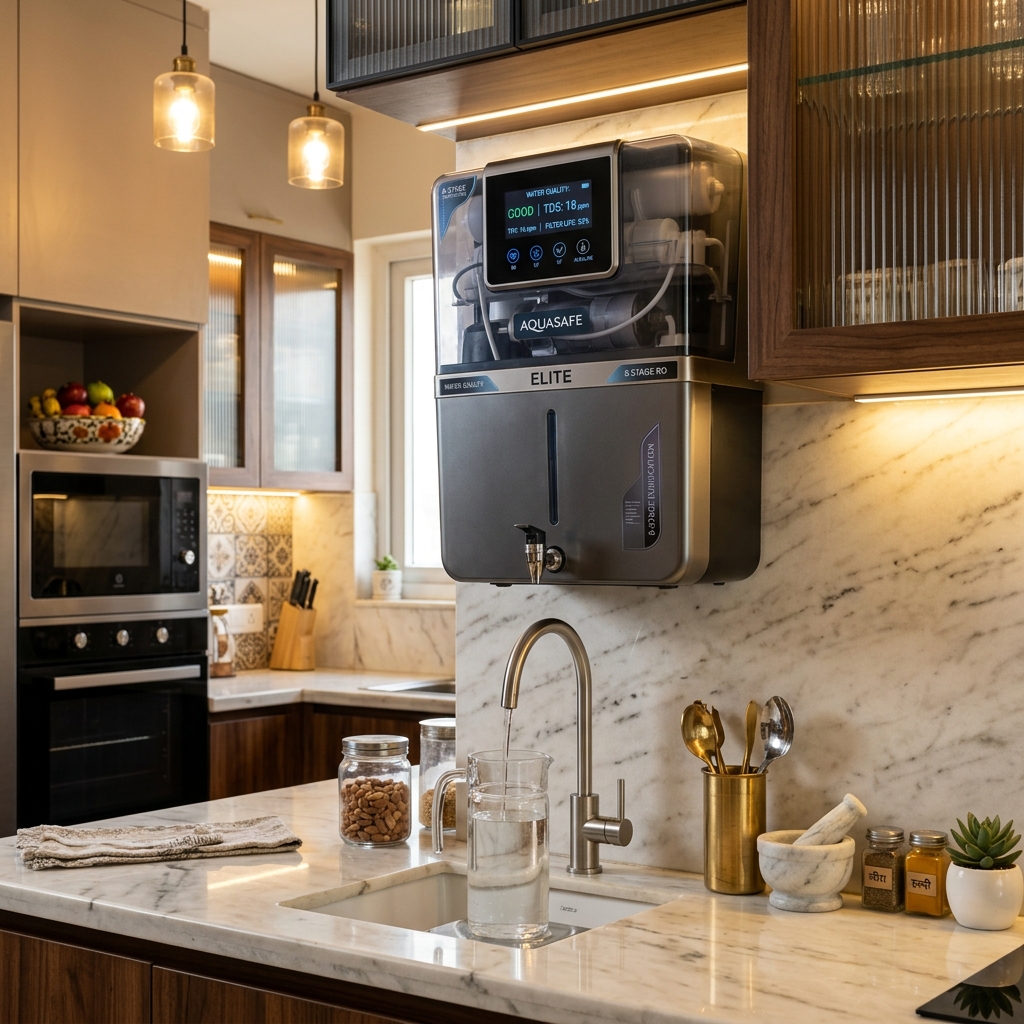 Premium RO water purifier in a modern Indian kitchen, highlighting its sleek design and advanced digital display.