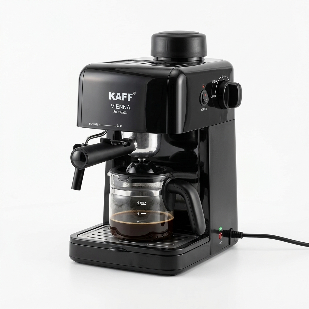 KAFF VIENNA 800 Watts Espresso, Cappuccino and Latte Coffee Machine, Glass Carafe Jar, 750W, with Automatic Pressure-Release, Over-Heat and Over-Pressure Protecting Device (Black)
