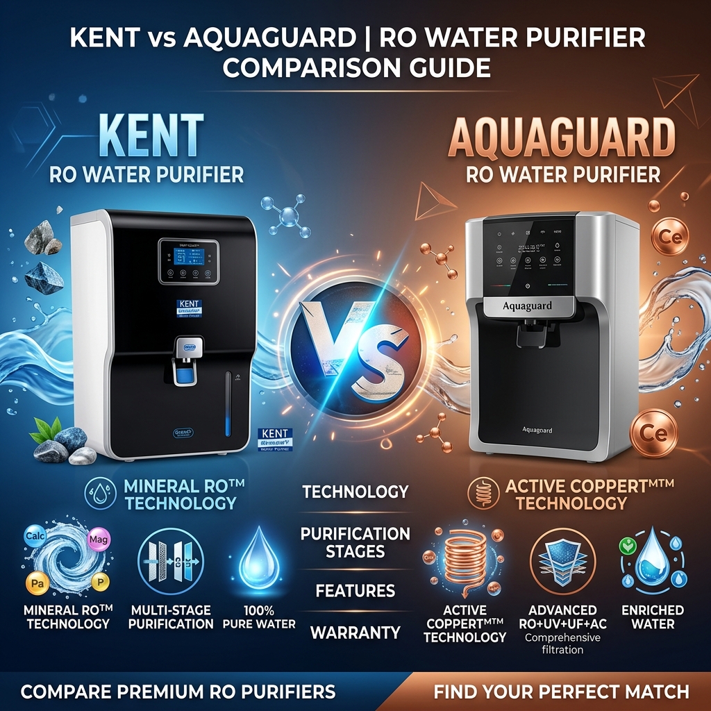 In-depth comparison between KENT and Aquaguard RO water purifiers in India for 2026.