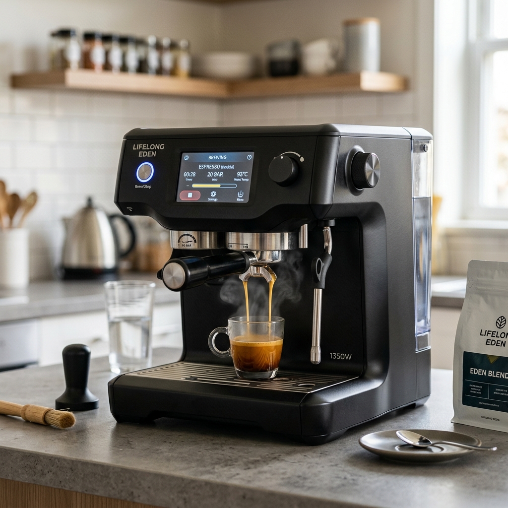 Lifelong Eden 1350W Digital Coffee Machine Italian Ulka Pump 20 Bar Barista-Quality Extraction |Double Shot & Cool Espresso, Americano Mode|Touchscreen, Compatible with Ground Coffee|Hot & Cold Brew