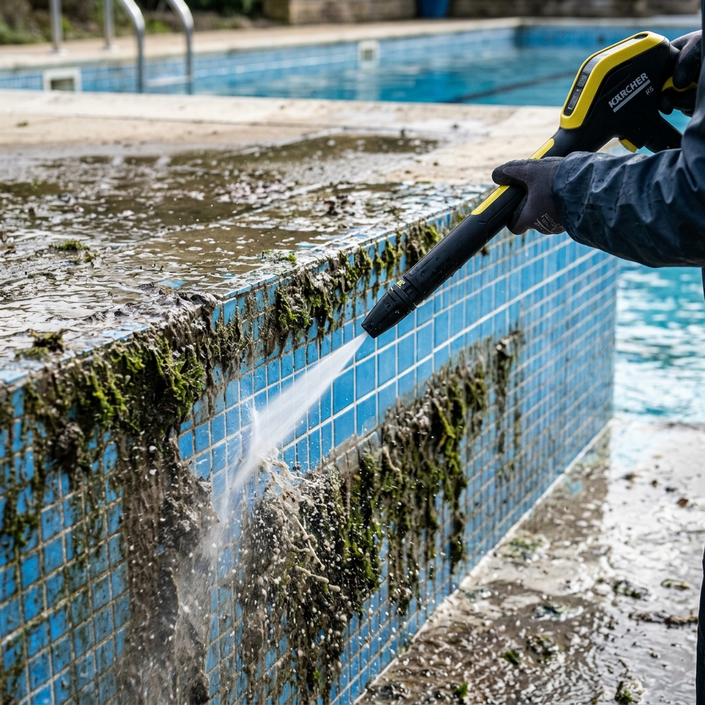 High pressure washer cleaning thick mud and dirt off outdoor patio floor tiles.