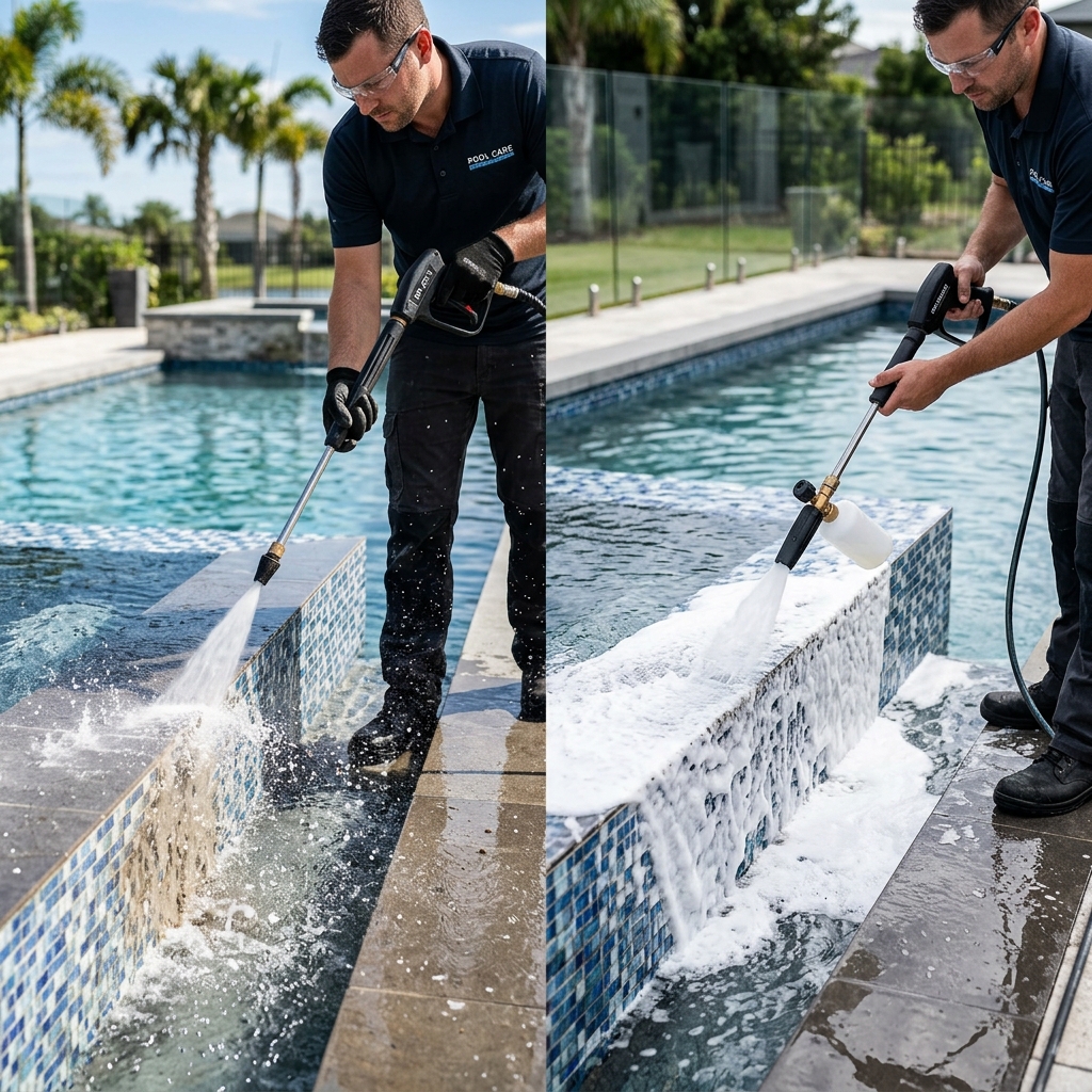 Comparison of high pressure pool cleaning nozzle vs detergent applicator.