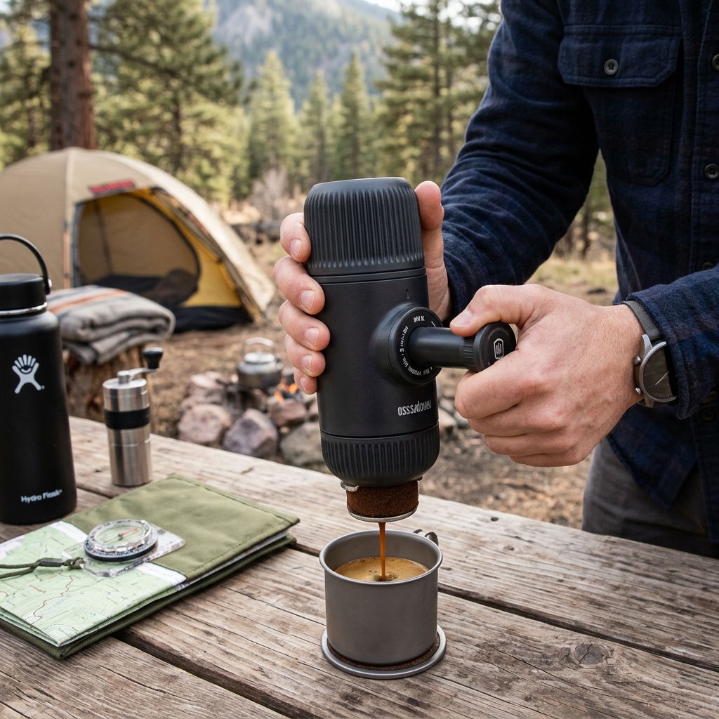 Wacaco Nanopresso Manually operated Mini Portable Espresso Maker- With Adapter-Extra Small Coffee machines for Travel, Camping, Office-Black