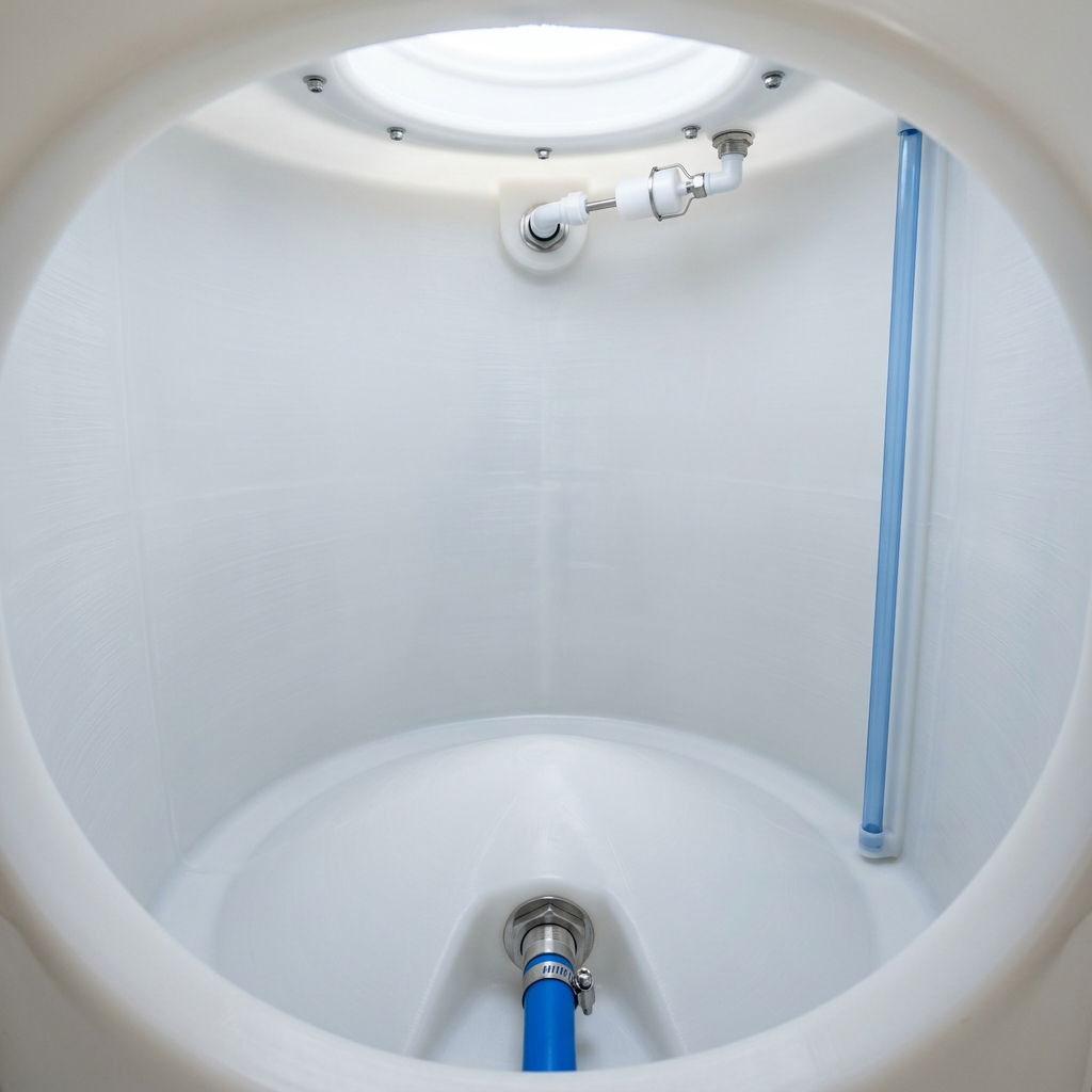 Inside view of a food-grade plastic water storage tank.