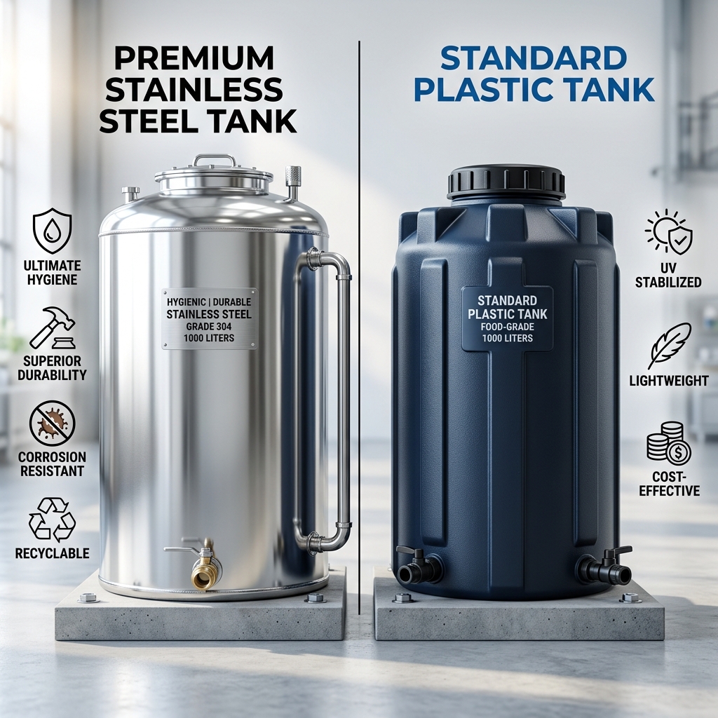 Comparison of a stainless steel water storage tank and a standard plastic tank, highlighting the hygienic benefits of steel.