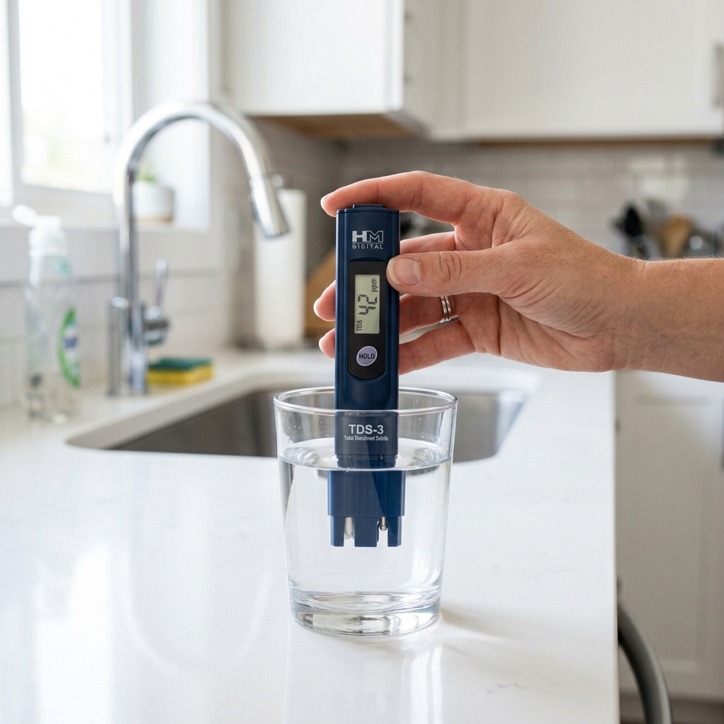 A person testing the pH level of water after alkaline purification, showing a healthy 8.5+ range.
