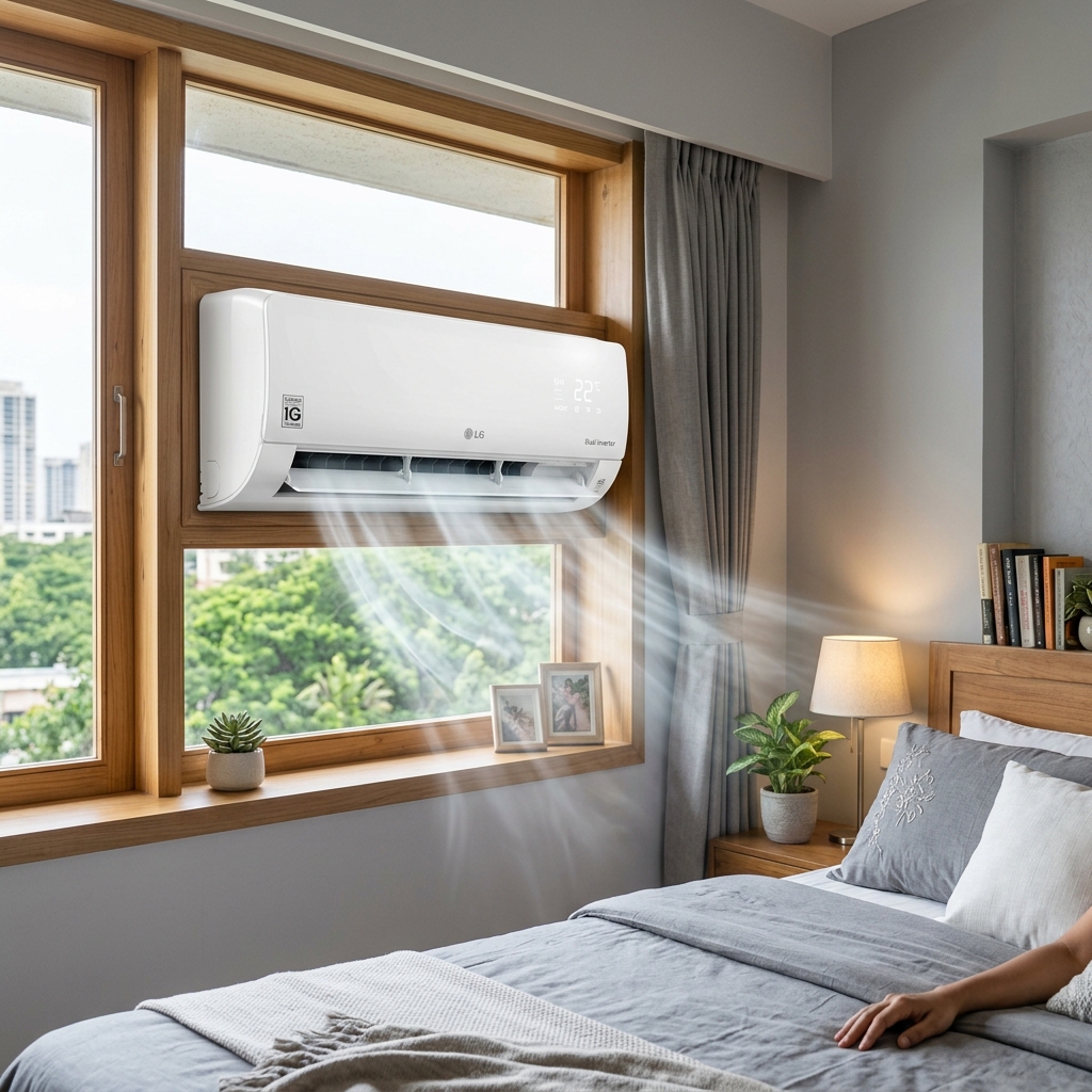 Premium window air conditioner installed in a modern bedroom representing efficient cooling recommended by GrabDeel.