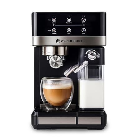 Wonderchef Regalia Automatic Coffee Maker, 20-bar with Auto-Frother, Make Espressos, Cappuccinos & Lattes at Home, With Milk Container & Steamer, Metal Porta Filter, Auto-clean, 2-Yr Warranty