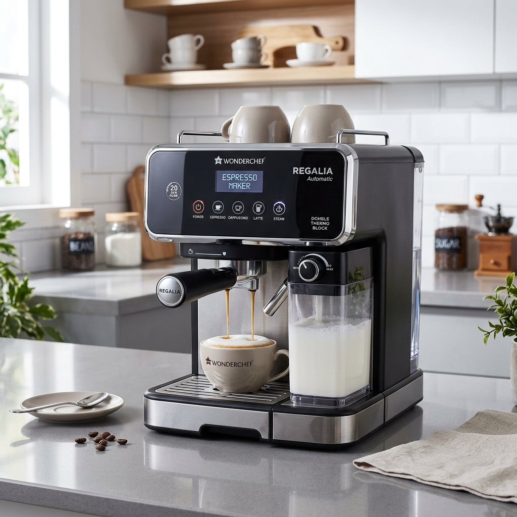 Wonderchef Regalia Automatic Coffee Maker, 20-bar with Auto-Frother, Make Espressos, Cappuccinos & Lattes at Home, With Milk Container & Steamer, Metal Porta Filter, Auto-clean, 2-Yr Warranty