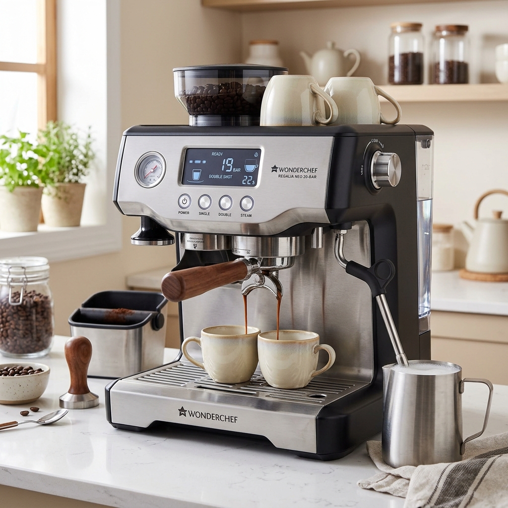 Wonderchef Regalia Neo 20-Bar Espresso Coffee Machine, Built-in Frother for Cappuccino & Latte, Metal Porta Filter, Double Thermo Block, LCD Panel, 2-Yr Warranty