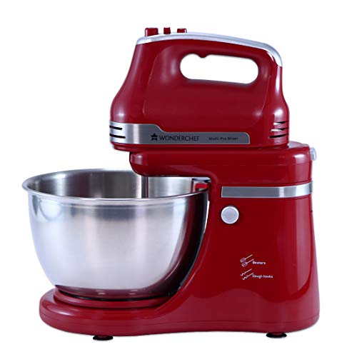 Wonderchef Crimson Edge Stand Mixer And Beater | 4.5L SS Bowl | 300W motor | 5 Speed Settings | Includes Mixing Beater & Dough Hook attachments & spatula | 2 Yrs warranty | Red | Kitchen Stand Mixer