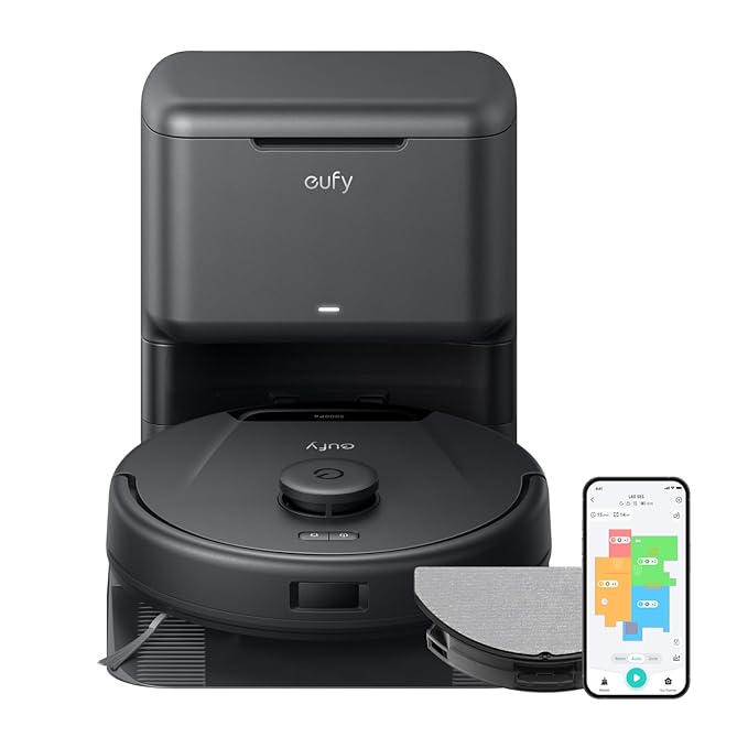 Eufy L60 Hybrid Robot Vacuum with Self Empty Station, Hair Detangling Technology, 120 Minutes runtime Up to 60 Days of Hands Free Cleaning, Ultra Strong 5,000 Pa Suction to Remove Hair, Dust, Mop Pad